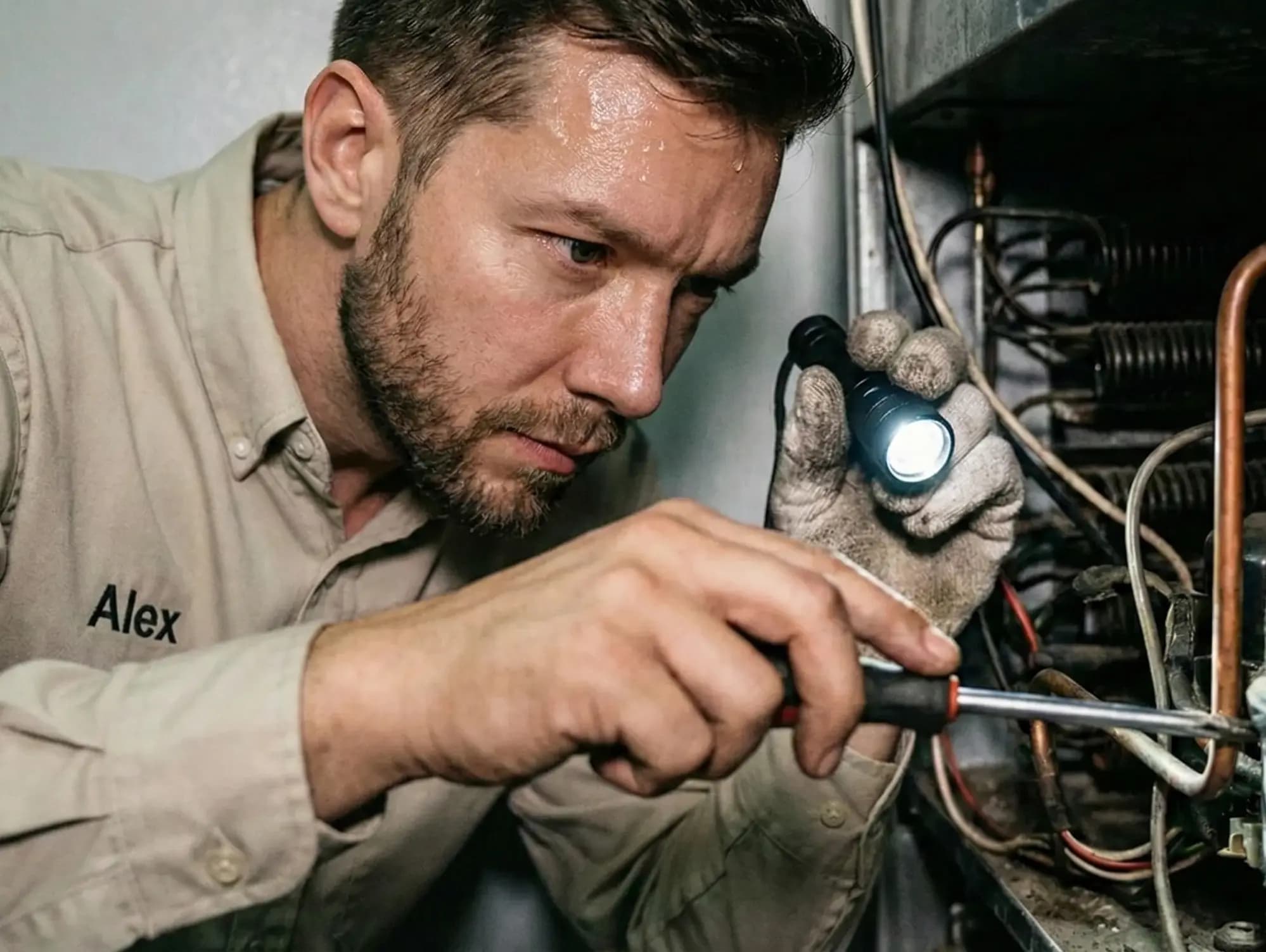 Redline technician hands repairing a refrigerator component